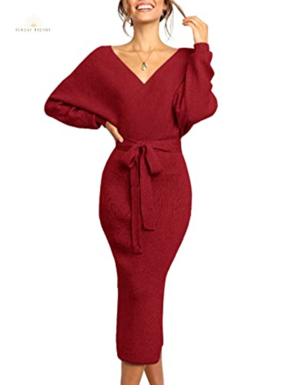 Womens Maxi Sweater Dress Batwing Sleeve Wrap V Neck Belted Long Sleeve